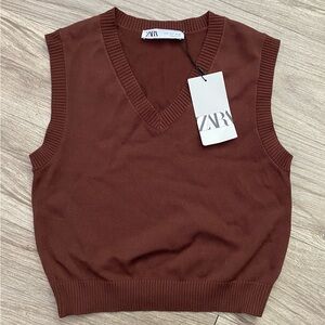 Zara Chocolate Brown V-Neck Sleeveless Knit Vest